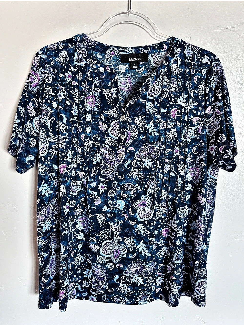 BRIGGS Paisley Short Sleeve Blouse in Blue & Pink Small